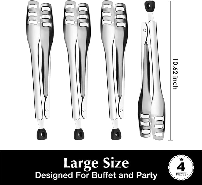 KINGSTONE Serving Tongs 4 Piece,18/10 Stainless Steel 10.62inch Kitchen Tongs For Serving Food,Buffet, Wedding, Party Catering, Food Salad/Cake/Bread, BBQ with Locking