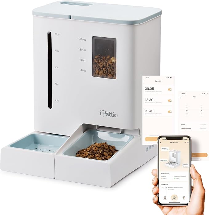 iPettie FW54 5G/2.4GHz WiFi Automatic Feeder and Waterer 2-in-1 Set for Pet | 300 oz Large Capacity for 2 Weeks, APP Scheduling & Alerts, Dual Power Supply, 1 Filter Included, Perfect for Working Parents