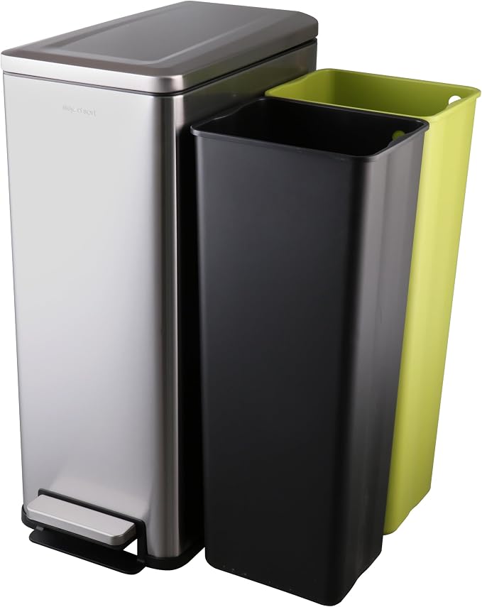 Step N’ Sort Slim Dual Recycling Bin 43L (2 x 21.5L) – Soft Close Kitchen Trash Can – Space Saving Stainless Steel – Removable Buckets