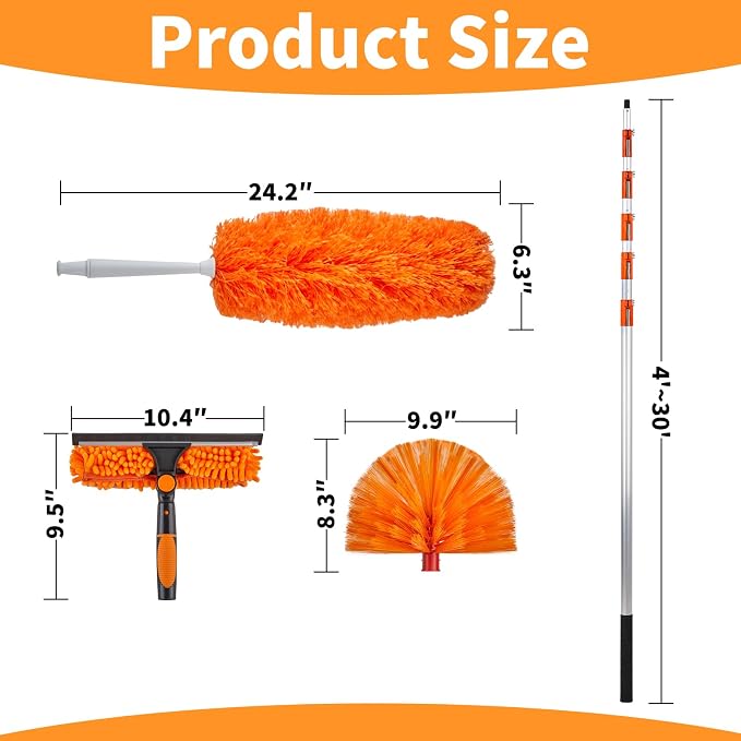 4-30 Ft Window Squeegee Cleaning Kit, Window Washing Kit with Extension Pole, 2-in-1 Window Cleaner Tool with Long Handle Scrubber for Outdoor Indoor Use (Microfiber Feather Duster & Cobweb Duster)