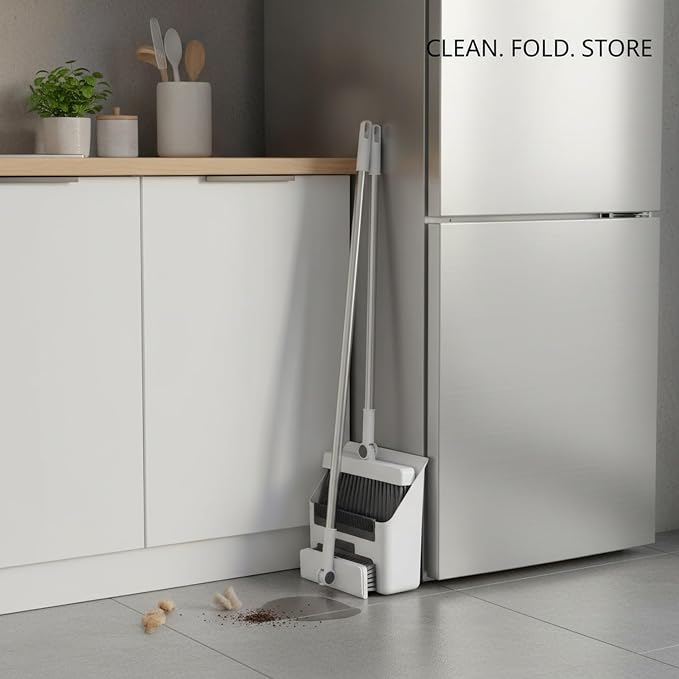 Foldable Broom and Dustpan Set with Squeegee, Stainless Steel Handle Cleaning Tool for Debris and Spills, Compact Storage for Bathroom and Kitchen