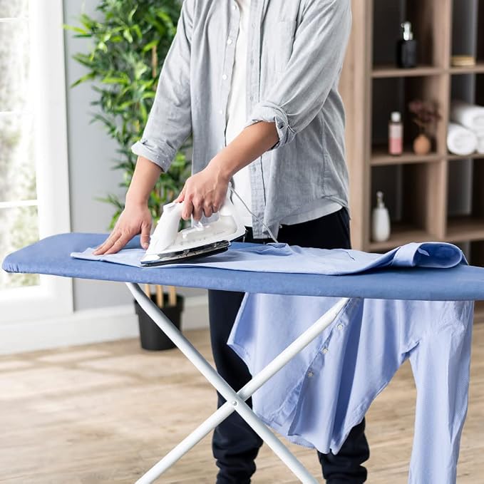 Full Size Ironing Board with Cover & Pad – Made in USA by Seymour Home Products Adjustable Steel T-Legs, 35" High Perforated Top for Steam Durable Iron Board for Home, Laundry Room (Dark Blue)