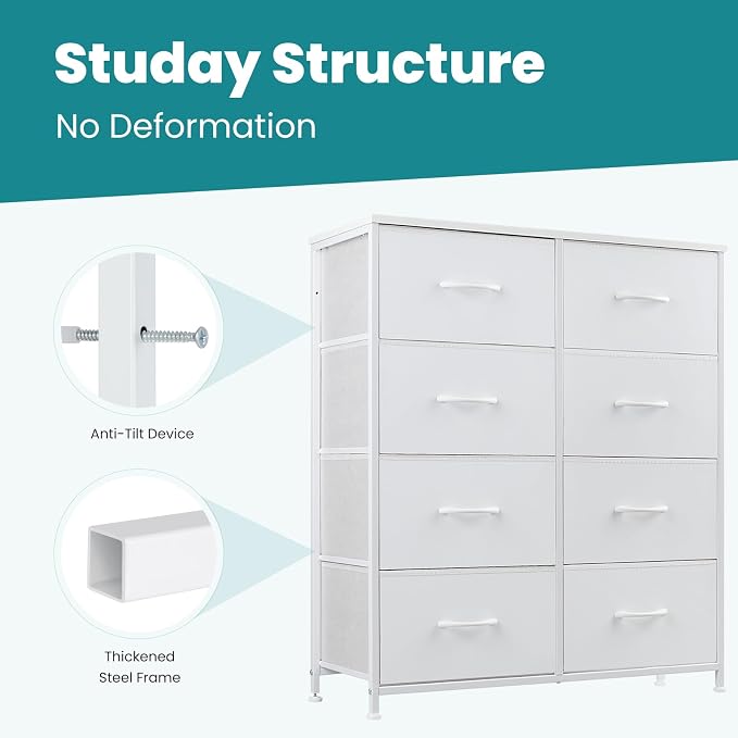 OLIXIS Dresser for Bedroom, 8 Storage Drawers, Tall Large Fabric Storage Tower Organizer, Chest of Drawers with Metal Frame Wooden Top for Nursery, Closet, Living Room, Entryway, White