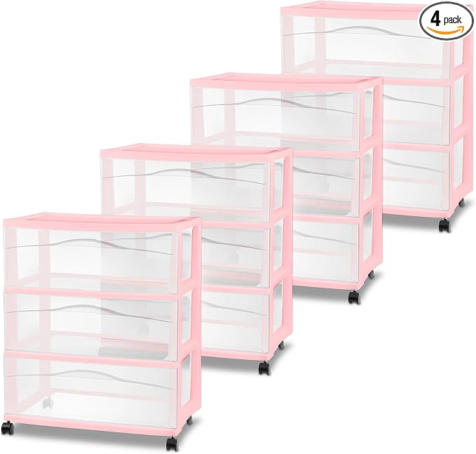 Sterilite 4 Pack Wide 3 Drawer Storage Cart, Rolling Organization, Pink | Clear Plastic Organizer Drawers with Wheels for Craft Supplies, Bath Essentials, or Home Accessories