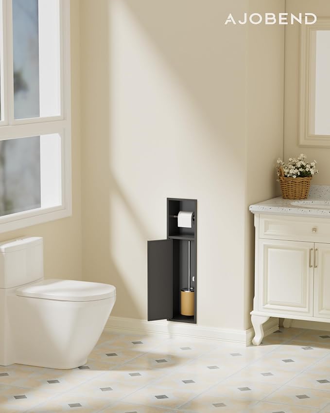 Matte Black Recessed Toilet Paper/Brush Holder, 304 Stainless Steel in Wall Toilet Brush Holder with Dispense and Storage for Bathroom, Wall Insert Tissue Brush Storage Cabinet for Bathroom