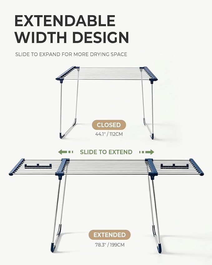 JS HANGER 90FT Extendable Clothes Drying Rack, Expands from 44" to 78", Space-Saving Laundry Rack for Indoor & Outdoor Use, Heavy Duty Folding Rack for Clothes, Towels & Delicates