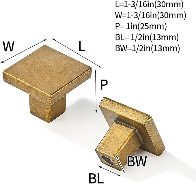khtumeware 10 Pack Antique Brass Cabinet Knobs 1-1/4 inch(32mm) Solid Heavy Duty Square Bi-Fold Door Knob for Kitchen Bathroom and Dressing Table