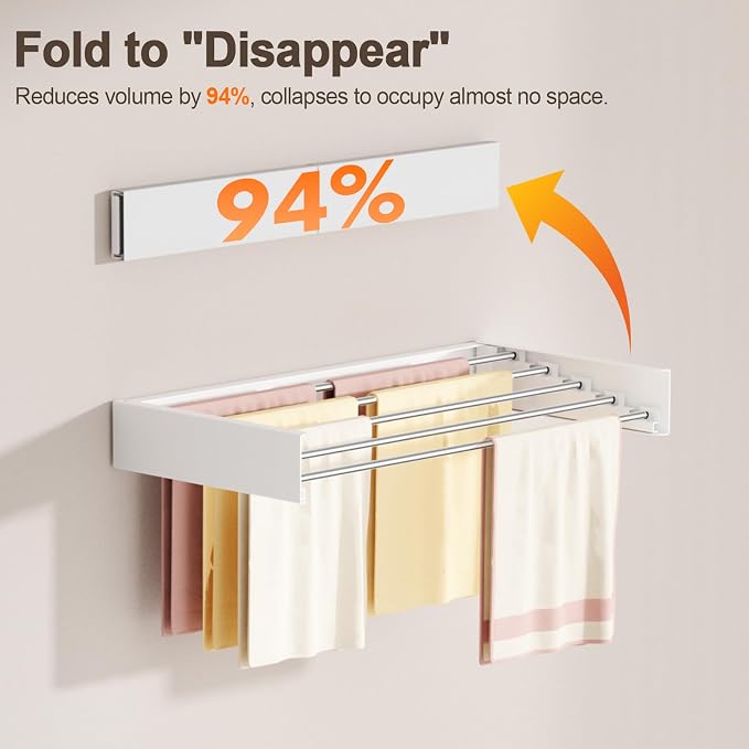 Wall Mounted Clothes Drying Rack Folding Indoor, Foldable Laundry Drying Rack Collapsible, Space Saving, Retractable Towel Drying Rack, with Wall Template(5 Drying Rods, White 23.6")