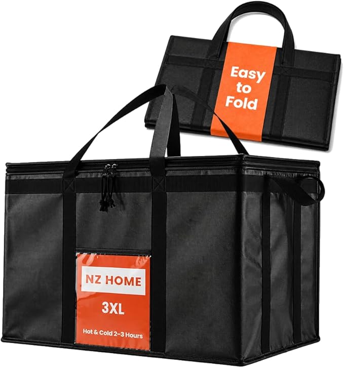 Insulated Food Bag, Portable Cooler Tote (3XL, Black, 1 Pack) | Large thermal bag, For cold & hot food, Soft sided cooler, Heavy duty carrier, Grocery shopping, Food delivery, Catering bag
