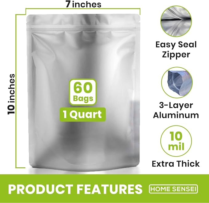 60pcs 1 Quart Mylar Bags for Food Storage - ExtraThick 10 Mil - Smell Proof Mylar 1 Quart - Stand-Up Zipper Pouches 7" x 10" - Small Bags for Food Storage - Heat Sealable