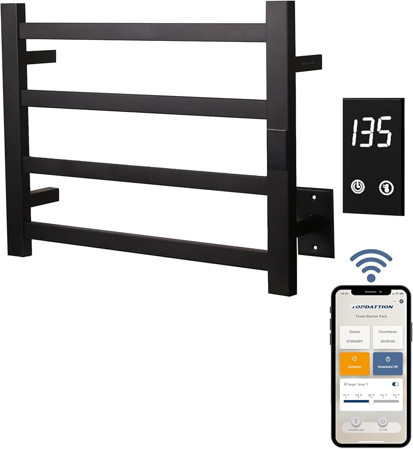 Topdattion Smart Wireless Electric Towel Warmer | Blade Thin 4 Bar Design | Hardwired & Plug-in | Alexa & Google Home Compatible | Matte Black Finish