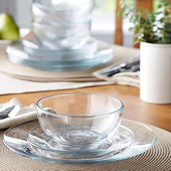 12pc Glass Dinnerware Set - Sleek Round Clear Glass Plate and Bowl Sets - Dishwasher Safe, Bread & Butter Dinner, Dessert, Salad Plates & Serving Cereal Soup Bowls Dishes for Kitchen Dining & Parties