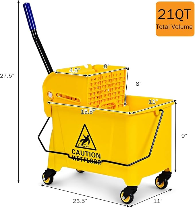 Mop Bucket, Commercial Bucket for Mopping on Wheels with Potable Handle, Mop Bucket with Wringer for Home, Household, Office, Bathroom, Yellow (21 Quarts)