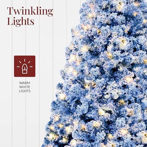 Best Choice Products Artificial Flocked Christmas Tree, 6ft Premium Pre-Lit Colorful Pine Holiday Décor w/250 Twinkle Lights, Metal Base - Baby Blue