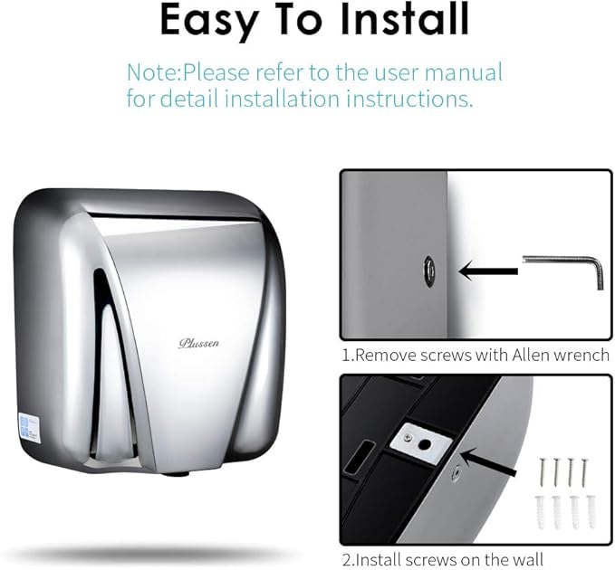 Automatic Commercial Hand Dryers for Bathrooms Commercial 1800W Heavy Duty Stainless Steel Hot Air Compact Electric Hand Dryer Blower, Fast Drying in 10 Seconds (Silver 2)