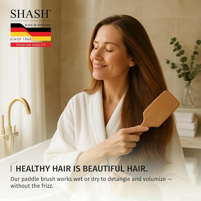 Made in Germany - SHASH Large Paddle Hair Brush, Thick And Curly Hair - Detangler With Long Pins & Rubber Cushion - Helps Detangle Knots, Eliminate Frizz, Reduce Pulling & Snagging