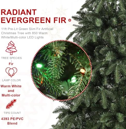 Glitzhome 11ft Prelit Artificial Christmas Tree, Radiant Evergreen Fir with 850 Warm White/Multi-Color LED Lights, Holiday Tree w/Easy Assembly, Metal Hinges & Foldable Base