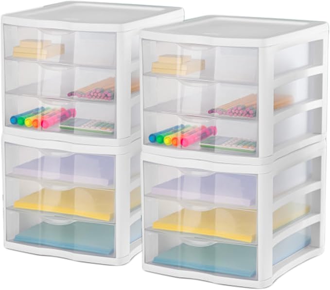 Sterilite 4-Pack 3 Drawer Unit, Stackable Plastic Organizer with Drawers, White Frame - Multi-Purpose Countertop Storage Containers for Office Supplies, Craft Rooms, Classrooms and Home Organization