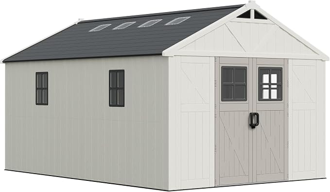 Greesum 10X14FT Plastic Outdoor Storage Shed with Floor and Lockable Door, Resin Sheds with 6-Windows and Multiple Skylights, HDPE Kick-it Shed for Garden, Patio, Backyard, Beige