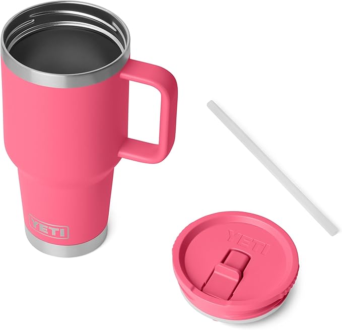 YETI Rambler 30 oz Travel Mug with Flip Straw Lid – Stainless Steel, Vacuum Insulated, Leakproof, Cup Holder Friendly, Tropical Pink