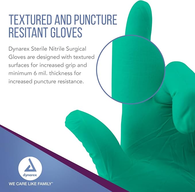 Dynarex Sterile Nitrile Surgical Gloves, Powder Free, Size 8, 50 Pairs of Gloves, White, 8.0
