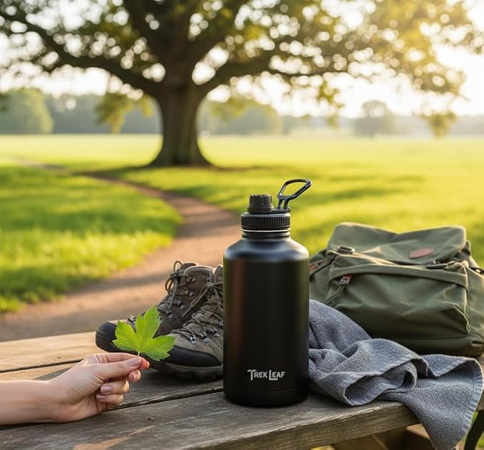 Travel Water Bottle with Carrying Bag, 3 Lids (Spout, Straw, Handle), and Bottle Brush; Leak Proof, Quality, Vacuum Insulated, Stainless Steel (Black, 64 oz)