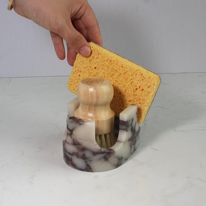 Nawgnail Natural Travertine Marble 2-Slot Sponge Holder for Kitchen Counter, 2-in-1 Stone Drying Rack, Sponge Caddy for Sink Organizer - Calacatta Viola Marble