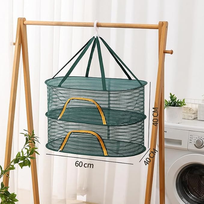 Foldable Drying Net for Vegetables, Fish, and Dehydrated Goods, Multi-tiered Food Drying Net, Versatile Drying Rack, Windproof Design, Zipper Closure for Insect Protection (Dark green, Dual Layer)