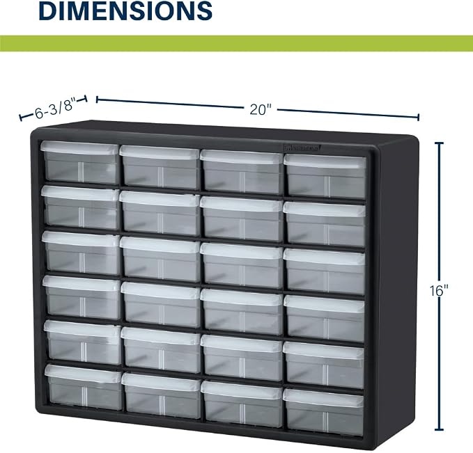 Akro-Mils 24-Drawer Plastic Drawer Storage Cabinet for Garage Organization, Bead Organizer, Building Bricks Storage, Teacher Toolbox, Makeup Organizer, 20-Inch W x 6-Inch D x 16-Inch H, 10124 Red