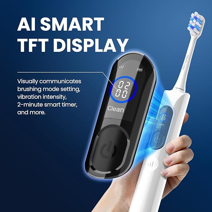 Electric Toothbrush, Sonic Toothbrush for Adults Teens with Pressure Sensor, AI Zone Cleaning Tracking, 5 Modes & 3 Intensities, 180 Days Battery Life, 4 Brush Heads with Travel Case, White
