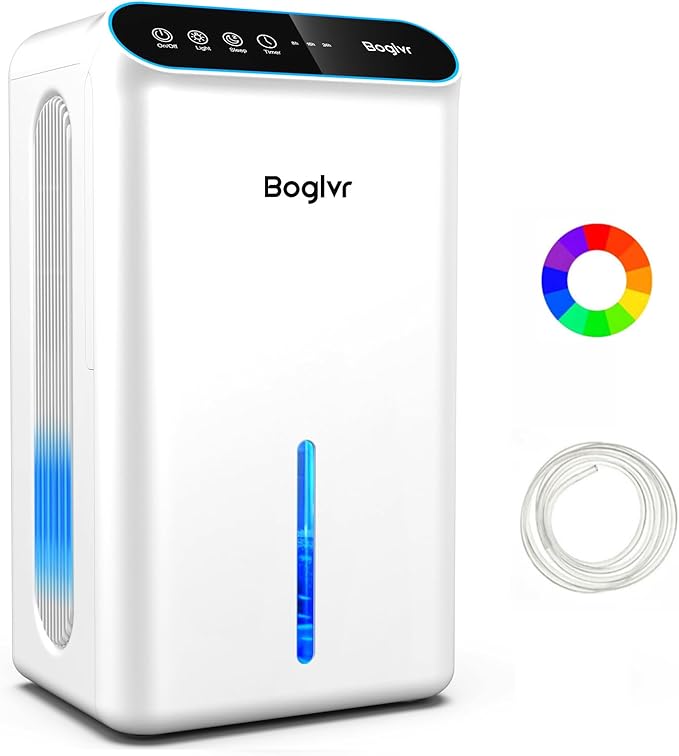 Dehumidifier for Home up to 1000 sq.ft, 98oz Small Quiet Dehumidifier with Drain Hose, 3 Timer Modes, Auto Shut Off, Aromatherapy & 7 Color Light for Bedroom, Bathroom, Basement (Deep White)