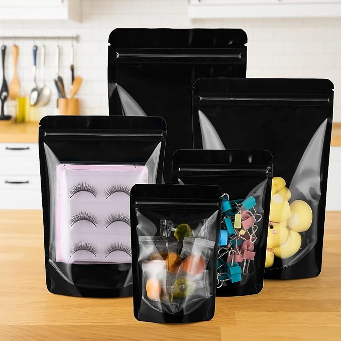 100 Pcs Mylar Bags for Food Storage, 8x12 Mylar Bag with Window Stand Up, Large Holographic Resealable Bags Smell Proof Bag Food Packaging for Small Business Freeze Dried Candy Jewelry Foil Packaging
