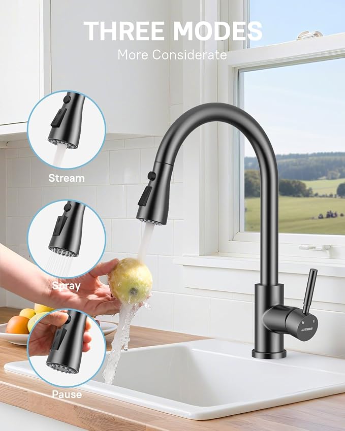 WEWE Kitchen Faucet with Pull Down Sprayer and Soap Dispenser, Matte Gray High Arc Single Handle Stainless Steel Sink Faucet, Suitable for Farmhouse, RV & Laundry