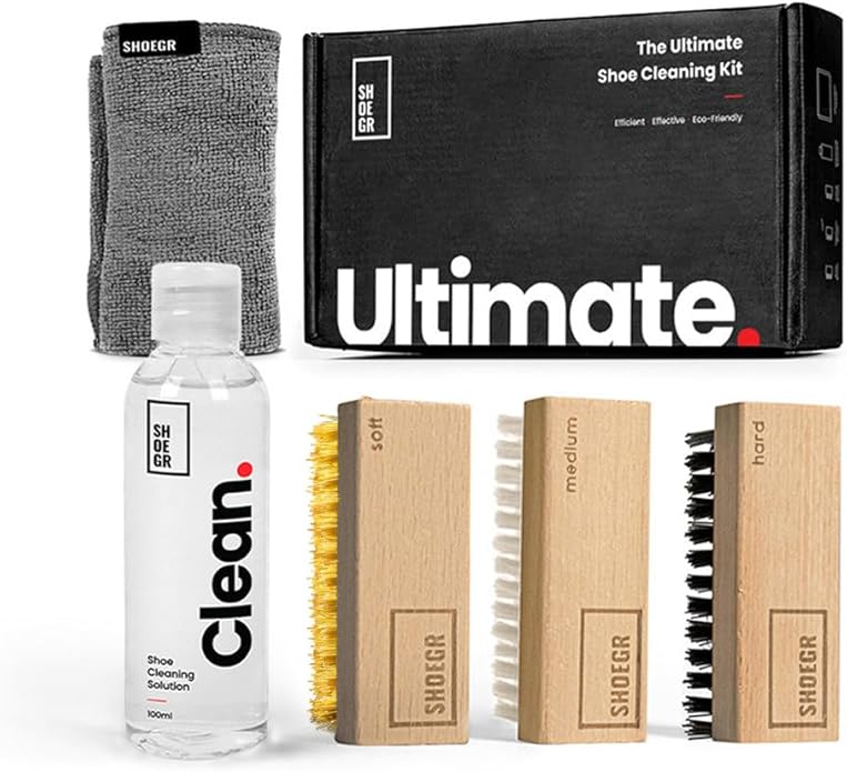 SHOEGR Unisex-Adult Ultimate Shoe Cleaning Kit Suitable For Sneaker, Nubuck, Canvas, Trainers, Multi-Material & Suede Shoe Care Kit-Cleaning Solution, Brushes & Microfiber Towel Shoe Cleaner Black