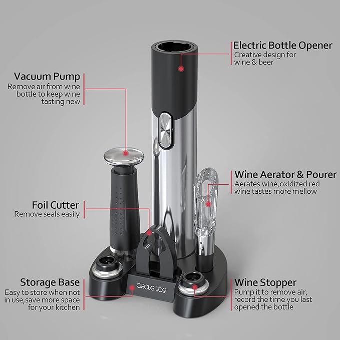 CIRCLE JOY Electric Wine Opener Set Automatic Wine Opener Kit for Wine and Beer Cordless Electric Wine Bottle Openers Gift Set with Foil Cutter, Aerator Pourer, Vacuum Pump and 2 Wine Stoppers