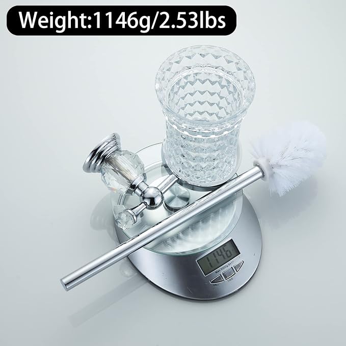 WOLIBEER Crystal Toilet Brush Holder, Chrome Toilet Cup Set with Polished Silver Brush Handle Wall Mounted for Bathroom - Decorative Design,Space Saving.