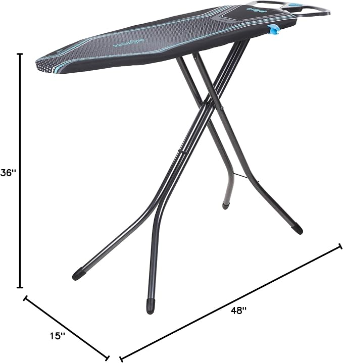 Minky Ergo Prozone Ironing Board | Made in UK | Dual Iron Rest, Heat Reflective Cover, Thick Felt Underlay - Freestanding Ironing Board with Large 48" x 15" Ironing Surface (Gunmetal and Blue)