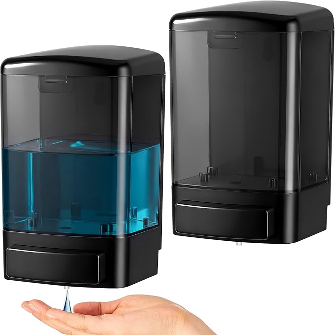 Hushee 2 Pcs Plastic Wall Mounted Soap Dispenser Commercial Manual Soap Containers Wall Dispenser for Kitchen Shower Hotel Liquid Shampoo Gel Chamber (33.8 oz 1000 ml,All Black)