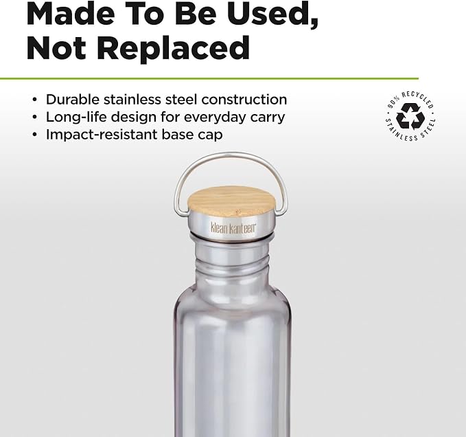 Klean Kanteen 27 oz Reflect Water Bottle with Bamboo Cap - Reusable Water Bottle - BPA-Free - Made with Stainless Steel & Food-Grade Silicone - Mirrored Stainless, 27 oz