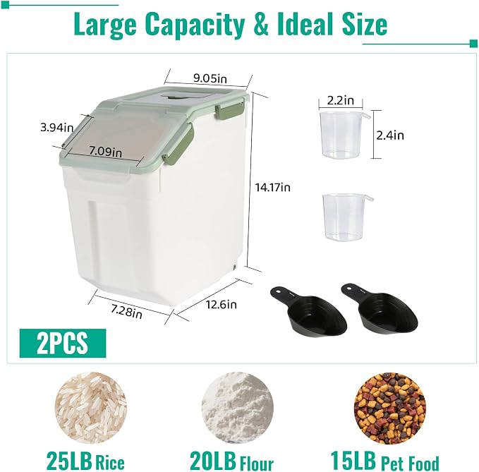 2 Pack Rice Container 25 lbs Large Bulk Flour Sugar Storage Holdhouse Plastic Grain Cereal Dry Goods Bin with Spoon and Measuring Cup for Kitchen Pantry Organization - Green