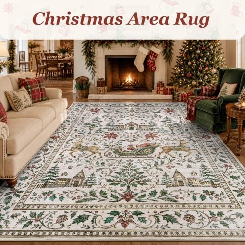 Engiw Christmas Rug 8x10 Area Rug, Washable Non-Slip, Soft Low Pile Carpet, Christmas Decorations for Living Room, Bedroom, Kitchen, Hallway, Entryway and Under Christmas Tree
