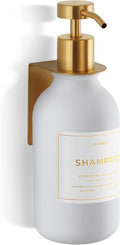 Shower Shampoo Dispenser Wall Mounted – Refillable 16.9 oz White Bottle with Stainless Steel Pump & No-Drill Adhesive Holder – Soap Dispenser for Bathroom (1 X White/Gold)