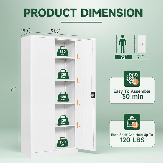 Metal Garage Storage Cabinets with Lock Door and Adjustable Shelves, Steel Tool Cabinets for Home,Office,Warehouse Organisieren (White, 71" H)