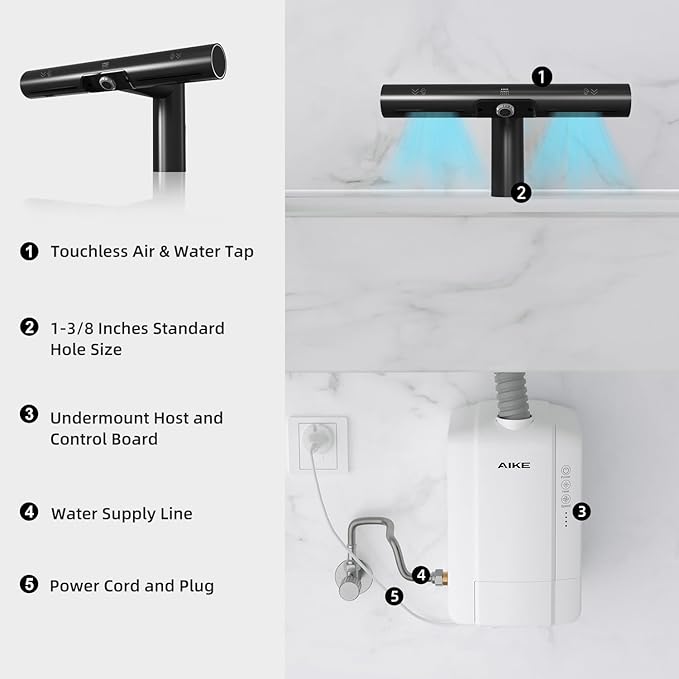 AIKE Air Tap Wash+Dry High Speed Hand Dryer Model AK7120, 110-120V Black Standard Height