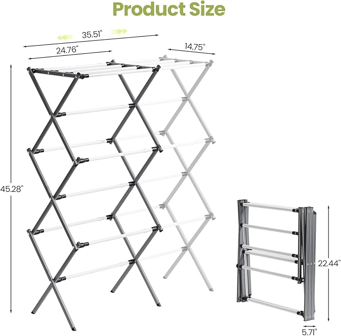 APEXCHASER 3-Tier Foldable Clothes Drying Rack, Metal Expandable Laundry Rack, 45.28" Height, Adjustable Width 24.76-35.51", Space Saving, Indoor Outdoor Use for Laundry, Towels, Shoes, Grey White