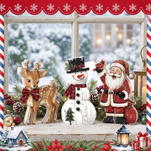 Barydat 3 Pcs Christmas Table Decoration Wooden Snowman Santa Reindeer Sign