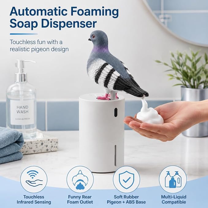 Touchless Foam Soap Dispenser, Gray Peace Dove Design, 300 mL | Touchless infrared foam dispensing with a refillable 300 mL tank