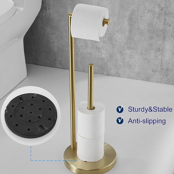 Free Standing Toilet Paper Roll Holder Stand with Reserve, Gold Brushed