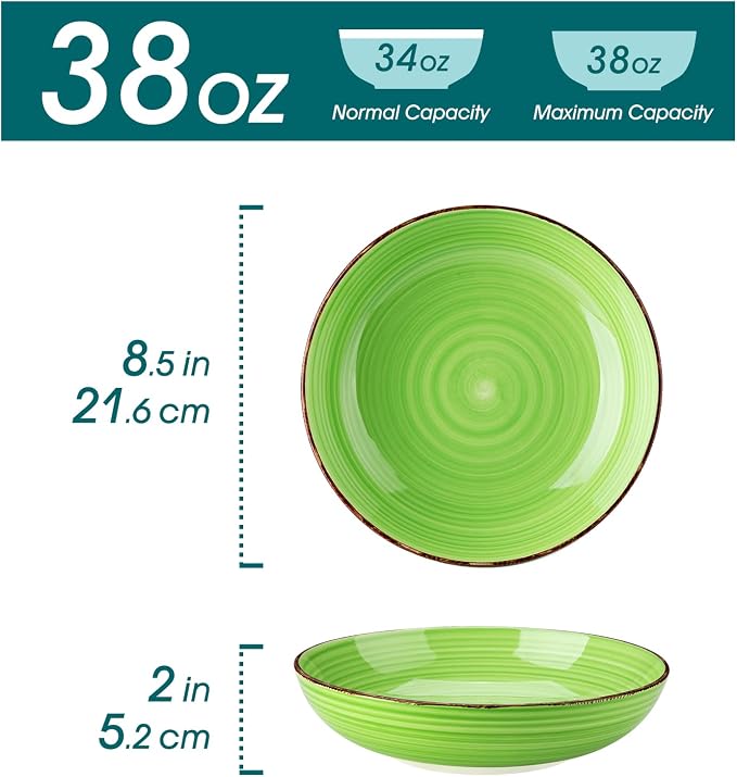 vancasso Bonita Pasta Bowls Set of 6, 38 oz Shallow Ceramic Bowls for Pasta, Salad, Soup & More - Microwave, Dishwasher & Oven Safe - Assorted Colors