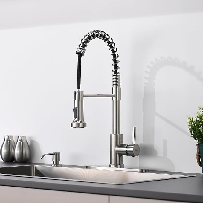 GIMILI Kitchen Faucet with Soap Dispenser, Commercial Single Handle Spring Brushed Nickel Pull Out Kitchen Sink Faucets with Pull Down Sprayer